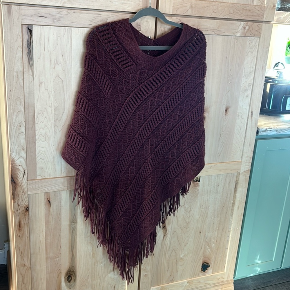 Maroon knit poncho shawl